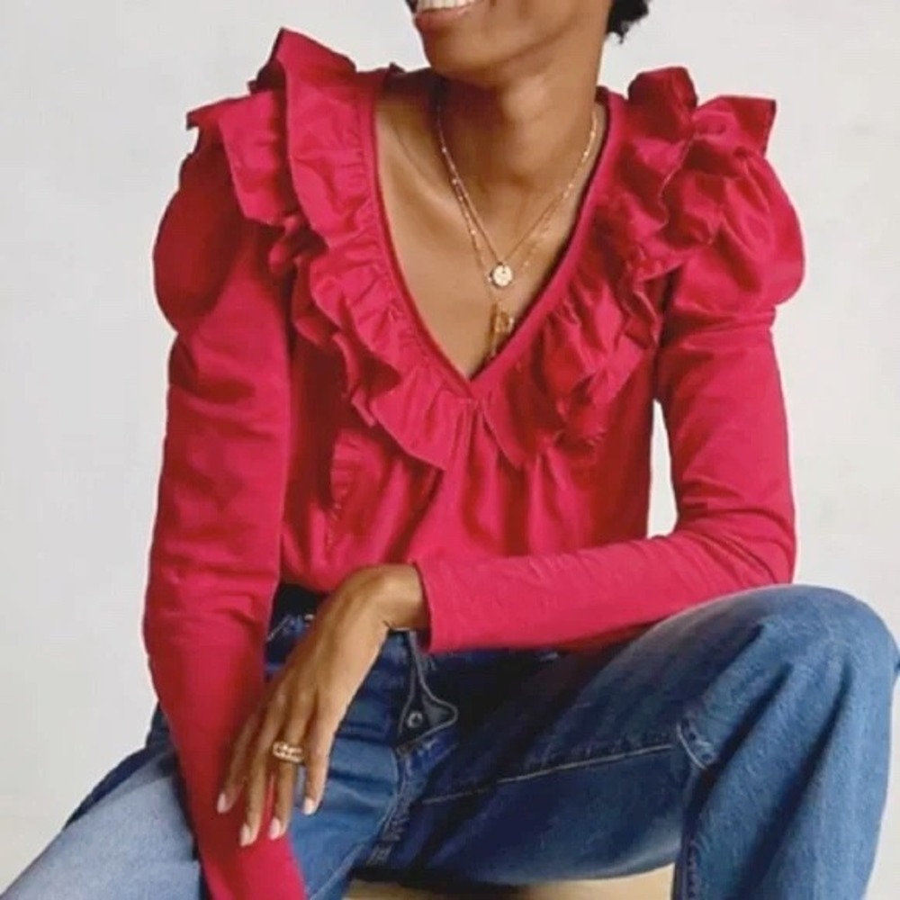 NWT Anthropologie Ruffled V-Neck Long Sleeve Top Pink S Spring Casual Funky